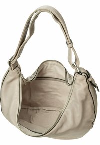 Beżowa skórzana torebka o miękkiej fakturze, z dużym zamkiem błyskawicznym i pojedynczym regulowanym paskiem na ramię. Zawiera kieszeń wewnętrzną.