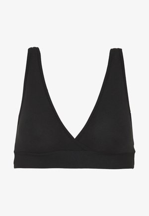 Black wireless bralette with a deep V-neck, seamless design, wide underband, and soft textured fabric for comfort and support.