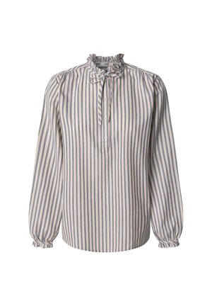 Blusa a rayas con cuello alto, cuello volante, mangas largas y tapeta de botones. Confeccionada en una tela ligera de color crema con rayas azules.