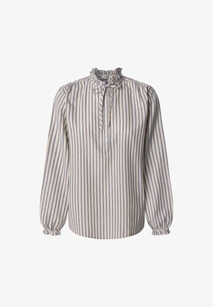 Svītrota blūze ar augstu kaklu, rāmja apkakli, garām piedurknēm un pogu plāksni. Izgatavota no viegla auduma krēmkrāsā ar ziliem svītrojumiem.