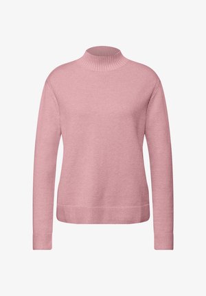 Lyserød trøje med høj ribstrikket krave, lange ærmer og ribstrikkede manchetter og kant. Fremstillet af blødt, tekstureret stof.