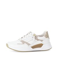 Weiße Sportsneaker mit beigen Akzenten, strukturiertem Fersenbereich und Gummisohle. Verfügt über Schnürsenkel und einen seitlichen Reißverschluss für einfachen Zugang.