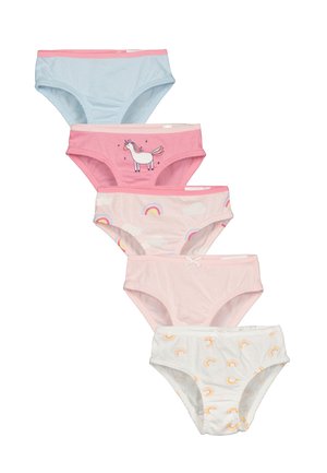 Pięć par dziecięcych majtek w różnych pastelowych kolorach: jasnoniebieskim, różowym i białym, z nadrukiem jednorożców i tęczy. Wykonane z miękkiej bawełny.