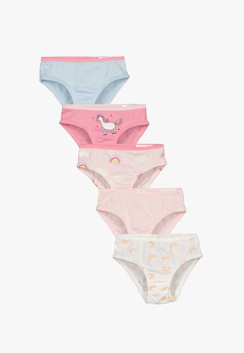 Cinq paires de culottes pour enfants dans des couleurs pastel variées : bleu clair, rose et blanc, avec des imprimés de licornes et d'arc-en-ciel. Tissu en coton doux.