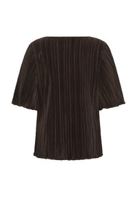 Haut marron foncé à manches courtes avec une texture plissée et un décolleté carré, présenté sur fond blanc.
