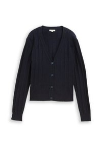 Marineblauer Strickcardigan mit V-Ausschnitt, langen Ärmeln, geripptem Muster und sechs Knopfverschlüssen an der Vorderseite, in verkürzter Länge.