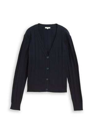 Marineblauer Strickcardigan mit V-Ausschnitt, langen Ärmeln, geripptem Muster und sechs Knopfverschlüssen an der Vorderseite, in verkürzter Länge.