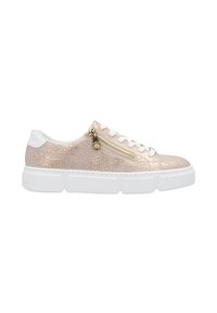 Metallisch rosa Sneaker mit weißer Sohle, strukturiertem Obermaterial, seitlichem Reißverschluss und Branding, mit glatten Schnürsenkeln und gepolstertem Kragen.