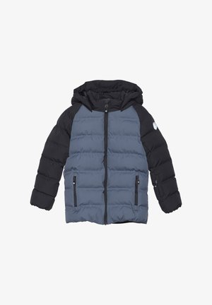 Pufferjakke med aftagelig hætte, i grå og sort farveskema, quiltet tekstur, frontlynlås og to sidelommer.