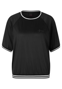 Černý sportovní top s krátkými raglánovými rukávy. Má kulatý výstřih, bílé pruhované detaily a malý nápis „fire“ na přední straně.