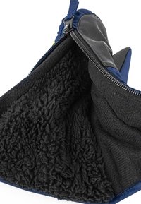 Navy blue bag with a soft, black fleece interior, textured lining, and a zip closure. Features a padded outer panel for added comfort.