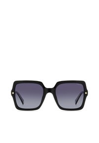 Occhiali da sole oversize neri con lenti viola sfumate, montatura quadrata e sottili dettagli dorati sulle tempie. Finitura liscia e lucida.
