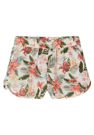 White elastic waist shorts with pink and green tropical floral print and rolled hems.