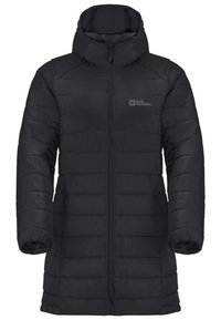 Svart puffjacka med hög krage och huva, kviltat mönster, hel dragkedja fram, sidofickor och logotyp på övre vänstra sidan.