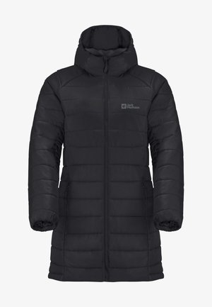 Giacca a vento nera con cappuccio alto, design trapuntato, zip frontale completa, tasche laterali e logo sulla parte superiore sinistra.