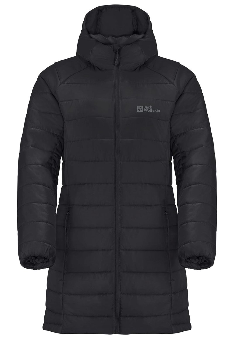 Svart puffjacka med hög krage och huva, kviltat mönster, hel dragkedja fram, sidofickor och logotyp på övre vänstra sidan.