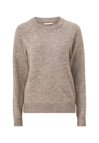Maglione beige realizzato in tessuto a maglia testurizzata, con scollo a girocollo e maniche lunghe raglan. Polsini e orlo a coste.