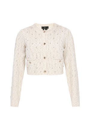 Cardigan corto in avorio in maglia testurizzata con motivo a diamante, impreziosito da gioielli trasparenti. Presenta un colletto tondo e chiusura a bottone.