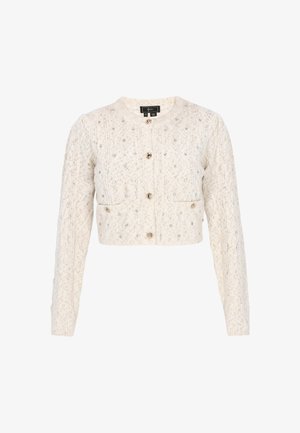 Cardigan corto in avorio in maglia testurizzata con motivo a diamante, impreziosito da gioielli trasparenti. Presenta un colletto tondo e chiusura a bottone.