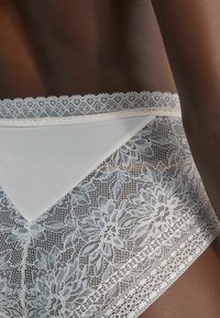 Chiloti albi din dantelă cu un model floral, având un spate transparent și un panou frontal cu nervuri, accentuați cu dantelă delicată.