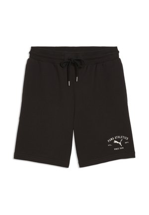 Schwarze Puma Sportshorts mit Kordelzugbund und weißem Puma Athletics-Logo am linken Bein.