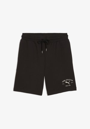 Schwarze Puma Sportshorts mit Kordelzugbund und weißem Puma Athletics-Logo am linken Bein.