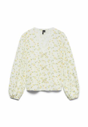 Biała bluzka z długim rękawem z żółtym kwiatowym wzorem, dekolt w serek, zapięcie na guziki z przodu i elastyczne mankiety.