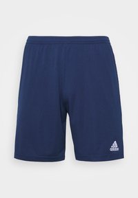 Pantalones cortos deportivos azul marino hechos de tejido ligero, con una banda elástica en la cintura y un logo blanco de Adidas en la parte inferior izquierda.