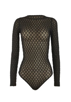 Zwarte longsleeve bodysuit met een visschubbenpatroon, gemaakt van transparant materiaal met een aansluitende pasvorm en ronde hals.