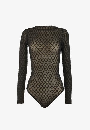 Zwarte longsleeve bodysuit met een visschubbenpatroon, gemaakt van transparant materiaal met een aansluitende pasvorm en ronde hals.