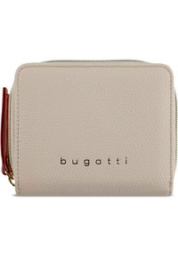 Bugatti wallet in soft beige pebbled leather, rectangular shape, zip closure with a red accent, featuring gold logo on the front.