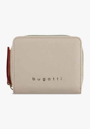 Bugatti wallet in soft beige pebbled leather, rectangular shape, zip closure with a red accent, featuring gold logo on the front.