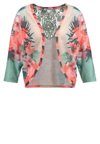 Leichter floral bedruckter Kimono mit Dreiviertelärmeln. Merkmale sind lebendige rosa und grüne tropische Muster, offene Vorderseite und Spitzendetails am Halsauschnitt.
