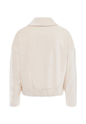 Bijgesneden lichtbeige jas met een zachte textuur, brede kraag, afgezakte schouders en elastische zoom. Heeft een minimalistisch ontwerp zonder versieringen.