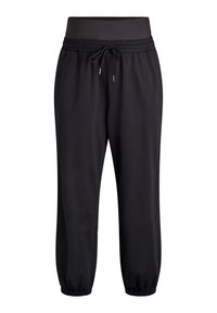 Schwarze, schmal zulaufende Jogginghosen aus weichem Stoff mit elastischem Bund, Kordelzug und Bündchen an den Knöcheln.