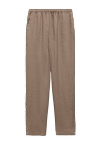 Pantalons en mélange de lin léger marron avec taille élastique et cordon de serrage. Équipés de poches latérales et d'une coupe droite.