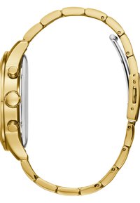 Montre en métal doré avec un bracelet à maillons, dotée de trois boutons latéraux et d'un cadran rectangulaire argenté.