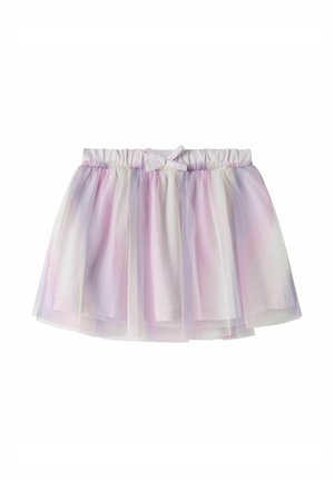 Jupe courte en tulle pastel avec taille élastique et petit nœud, tissu doux superposé dans des tons violets clairs, roses et blancs.