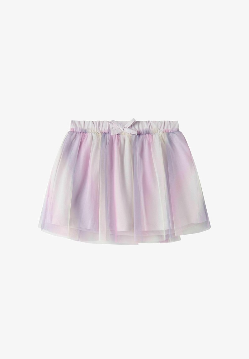 Krótka pastelowa spódnica z tiulu z elastycznym pasem i małą kokardą, warstwowa miękka tkanina w jasnofioletowych, różowych i białych odcieniach.