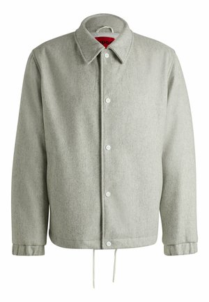 Grey wool blend jacket with a collared neck, front buttons, elastic cuffs, and adjustable drawstring hem. Features a branded inner label.