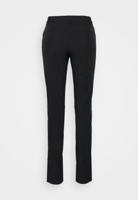Zwarte, atletische-fit broek met een gladde textuur, met een middelhoge tailleband en rechte benen. Geen zichtbare patronen of hardware.