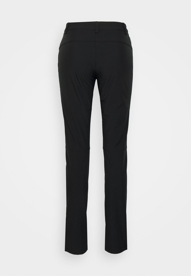 Czarne, sportowe spodnie o dopasowanym kroju z gładką teksturą, z średnim stanem i prostymi nogawkami. Brak widocznych wzorów i elementów metalowych.