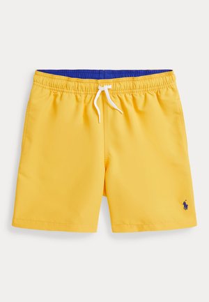 Geltoni maudymosi šortai su elastinga juosmena ir mėlynu vidumi, su balta raišteliu ir mažuoju jūrų laivyno logotipu apatinėje kairėje pusėje.