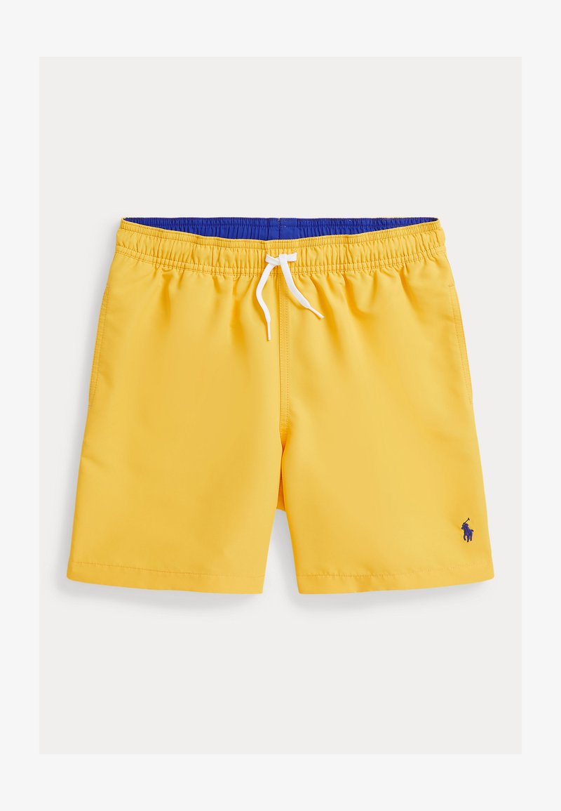 Bermudas de banho amarelas com uma cintura elástica e interior azul, apresentando um cordão branco e um pequeno logótipo azul-marinho no lado inferior esquerdo.