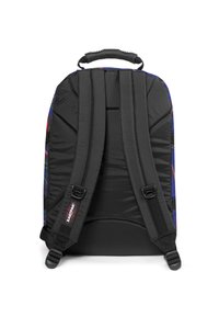 Zaino nero con spallacci imbottiti, una maniglia superiore e accenti di design astratto multicolore lungo i lati. Realizzato in tessuto resistente.