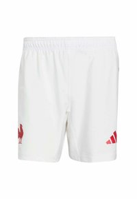 Witte shorts met een elastische tailleband, voorzien van een rood haan-embleem en rode Adidas strepen aan de zijkanten. Gladde stoftextuur.