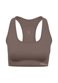 Braun Sport-BH mit strukturiertem Design, im Racerback-Stil und Logodetail an der Vorderseite. Hergestellt aus einem Mix aus Polyamid und Elasthan.