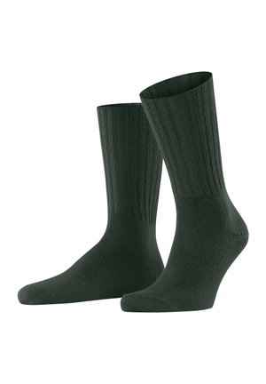 Dark green ribbed socks with a textured finish and reinforced heel and toe. Standard length, suitable for casual wear.