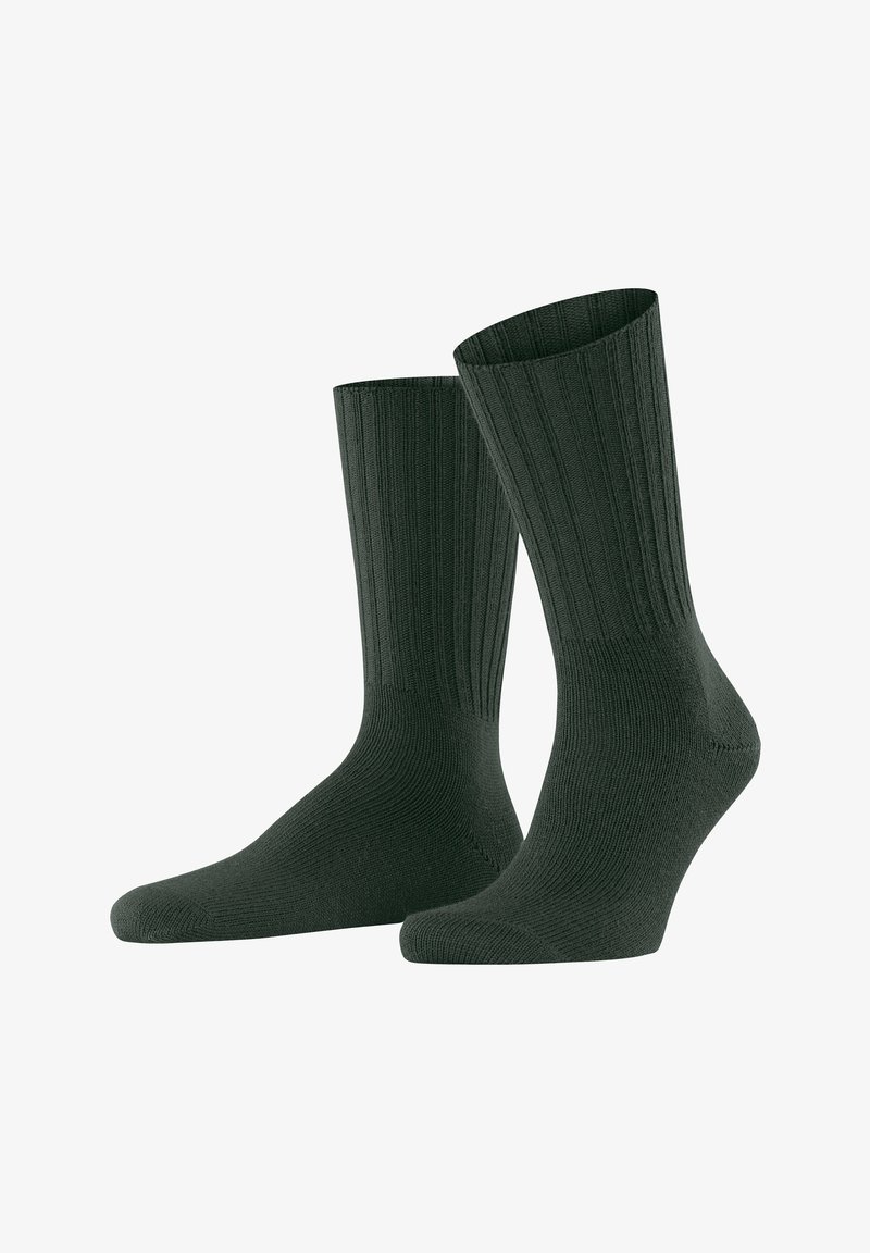 Dunkelgrüne gerippte Socken mit strukturierter Oberfläche und verstärkter Ferse und Zehen. Standardlänge, geeignet für den Freizeitgebrauch.