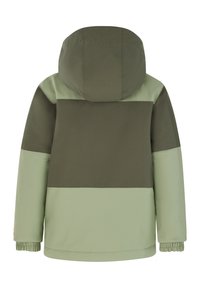 Hoodie-Jacke mit einem olivgrünen und hellgrünen Blockdesign. Glatte Textur mit elastischen Bündchen und ohne sichtbare Hardware.
